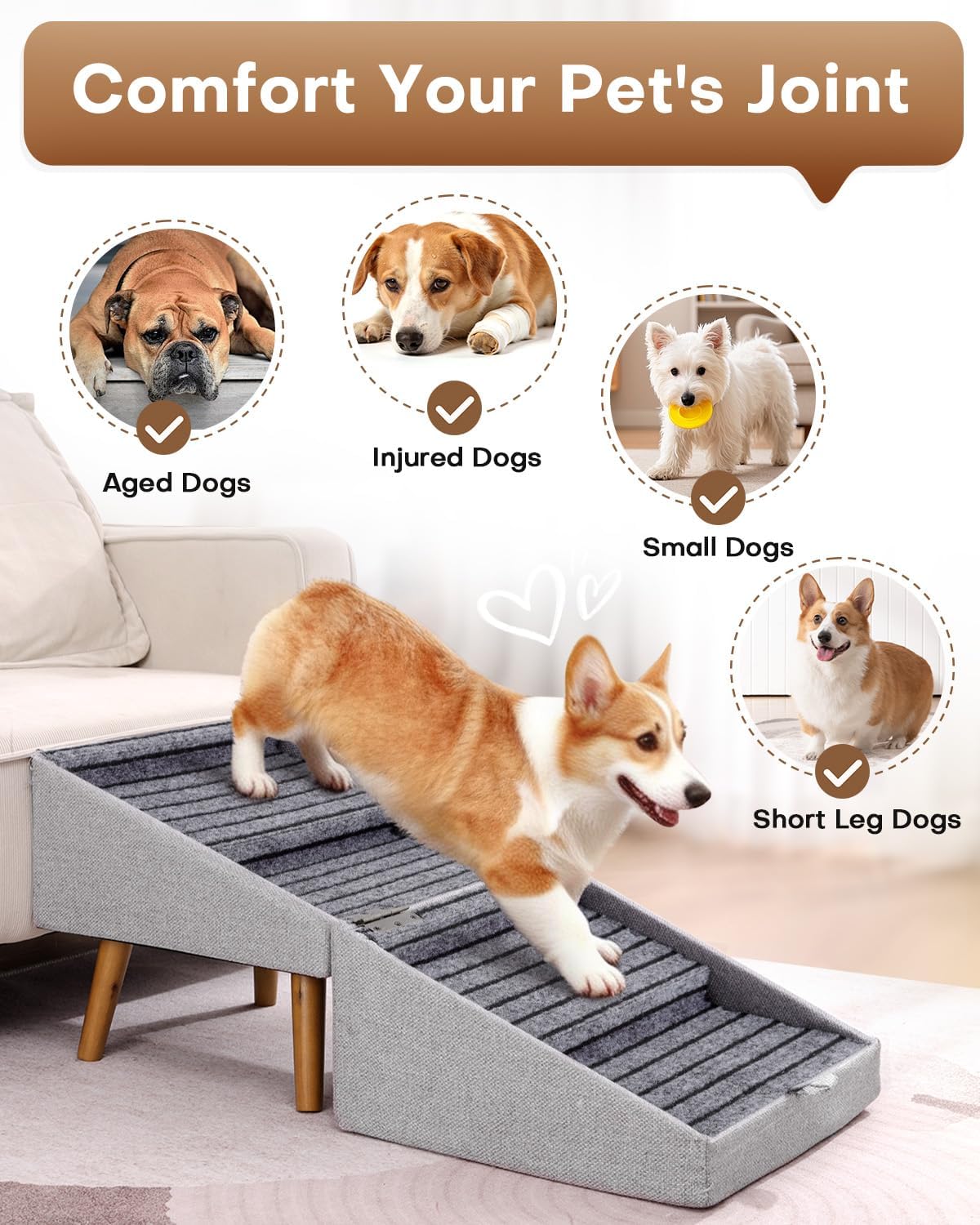 17" H Split Ottoman Dog Ramp for Couch, Foldable Dog Stairs for Small Dogs