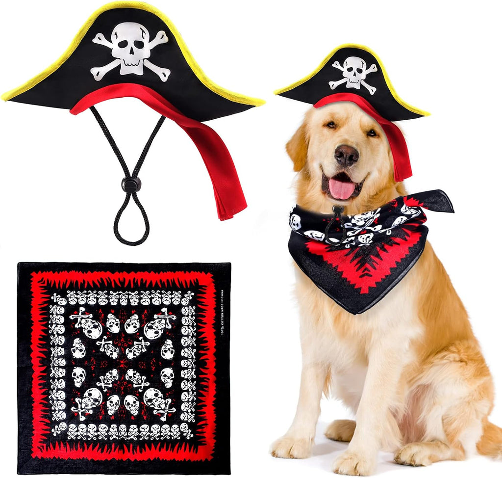 2 Pieces Skull Print Pet Pirate Hat with Pirate Skull Bandana Dog Cat Captain Cap Halloween Pirate Cosplay Costume Hallo