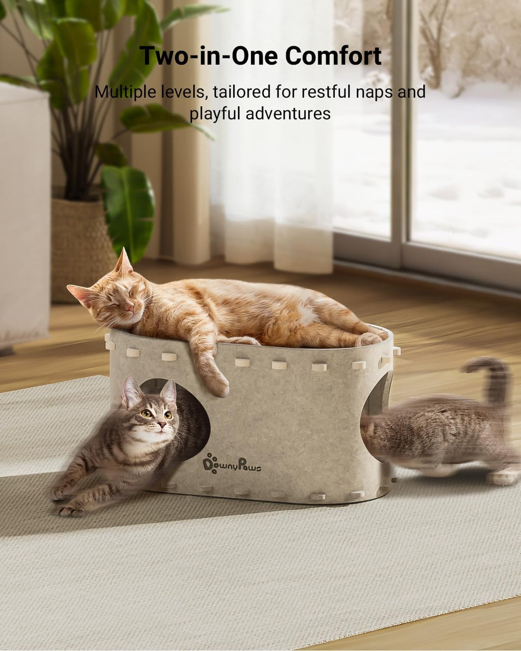 DownyPaws Cat House for Indoor Cats, Peekaboo Cat Bed Cave, Cream