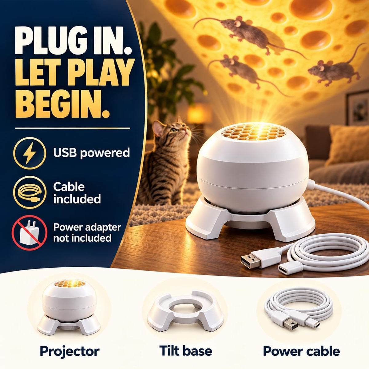 Cat Mouse Projector Light, Adjustable USB Enrichment Cat Toy for Indoor