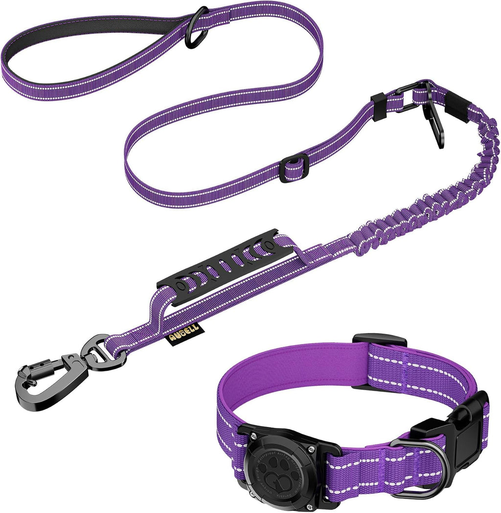 AUBELL Airtag Dog Collar and Bungee Leash Set for Medium Dogs(Purple,M)