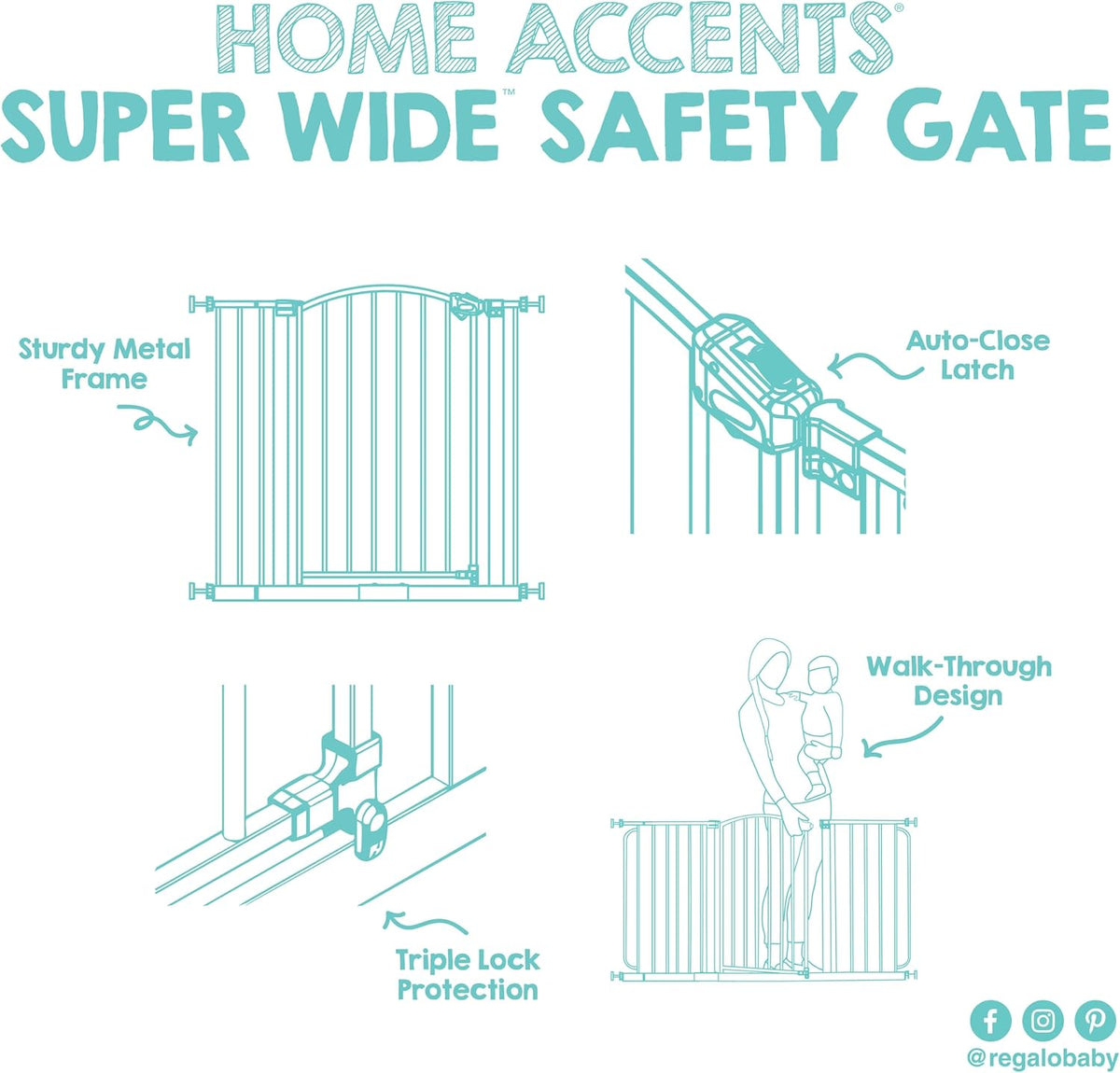 Regalo Safety 30.5"-58" Extra Wide Baby Gate, Bottom of Stairs & Doorways