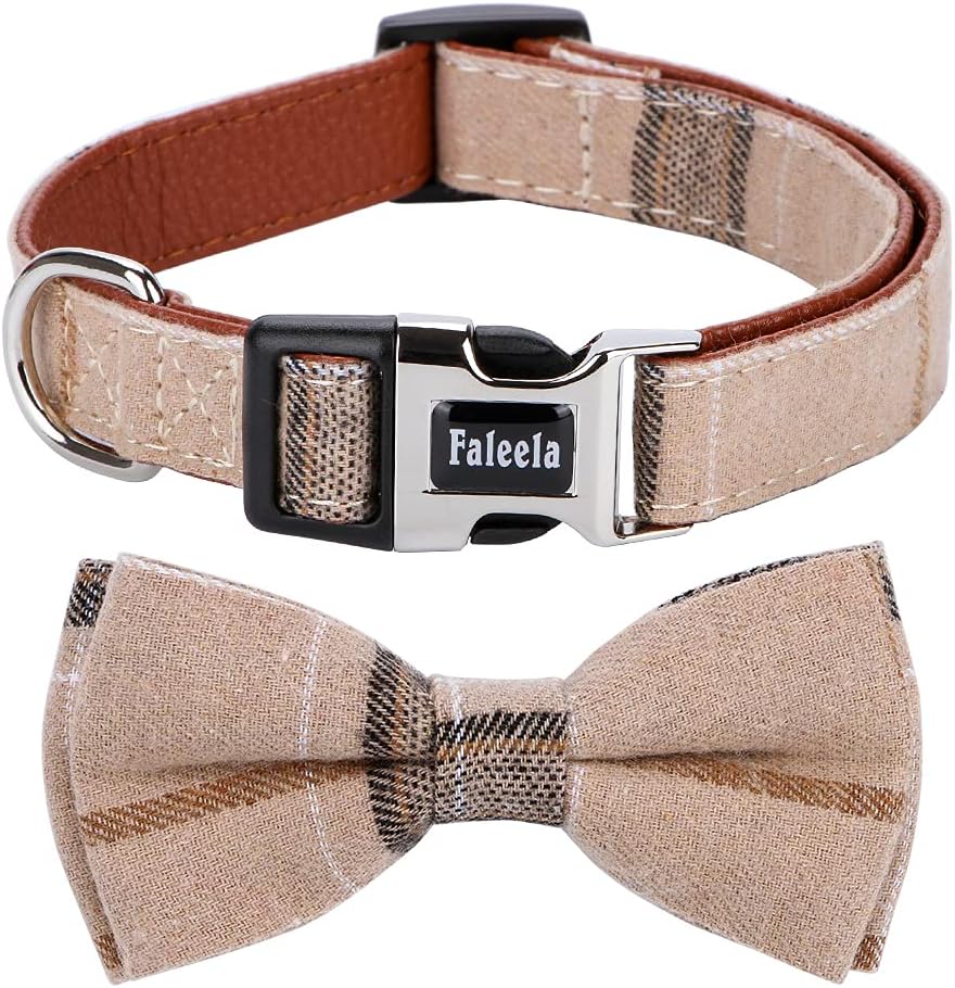 Faleela Soft &Comfy Bowtie Dog Collar,Detachable and Adjustable Bow Tie Collar,for Small Medium Large Pet (S, Beige)