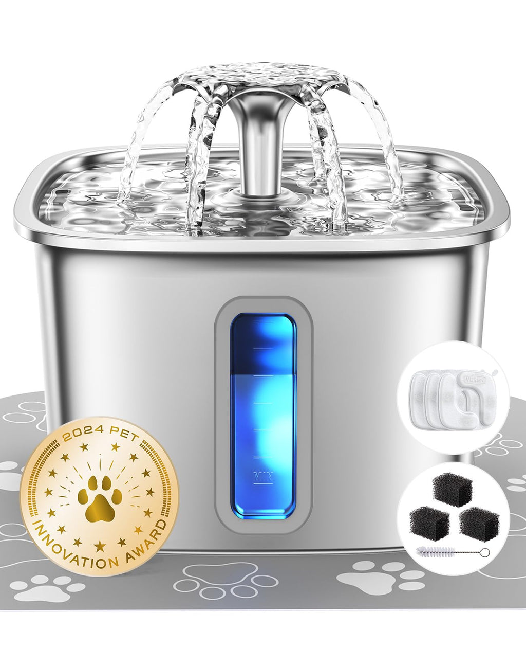 Veken Innovation Award Winner Stainless Steel Cat Water Fountain, 108oz, C1