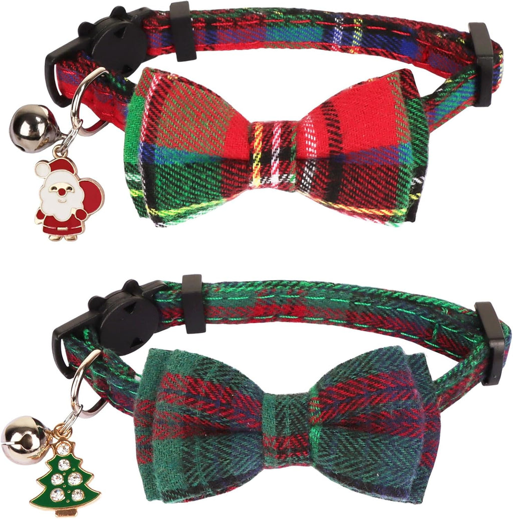Christmas Cat Collar Breakaway, Plaid Xmas Cat Bow Tie Collar