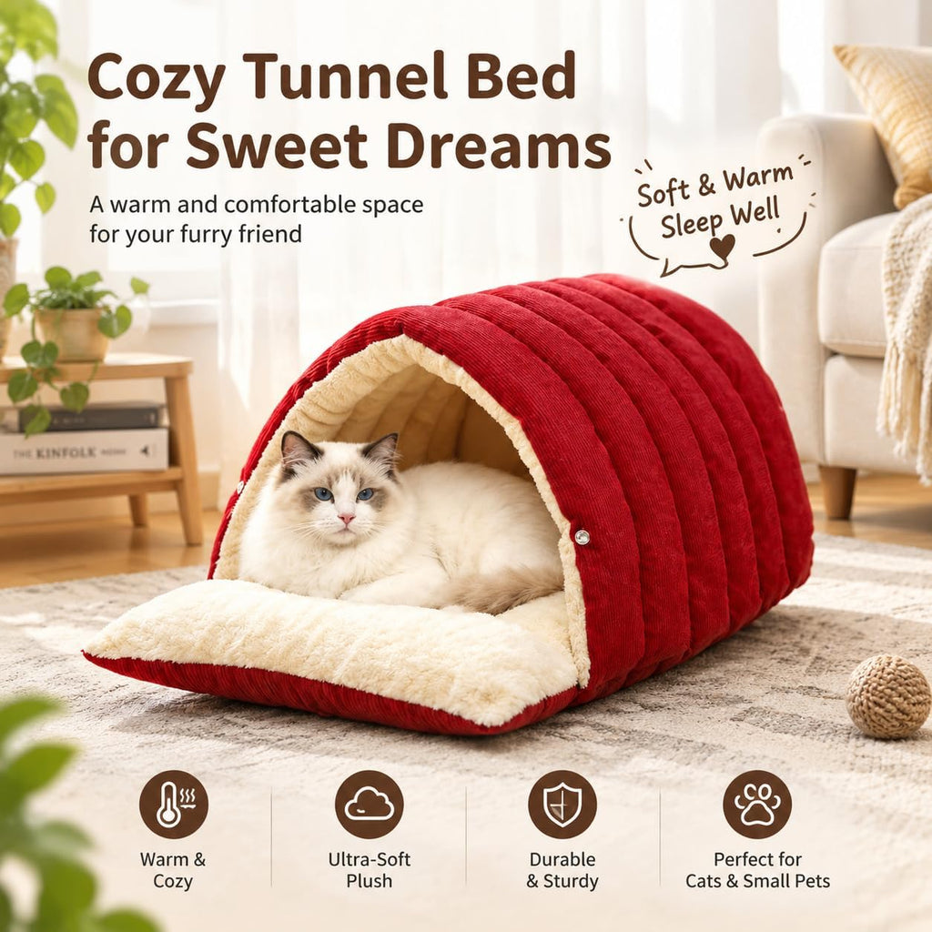 Cat Houses Bed for Indoor Cats, Cat Bed Cave Cat House (Red, S)