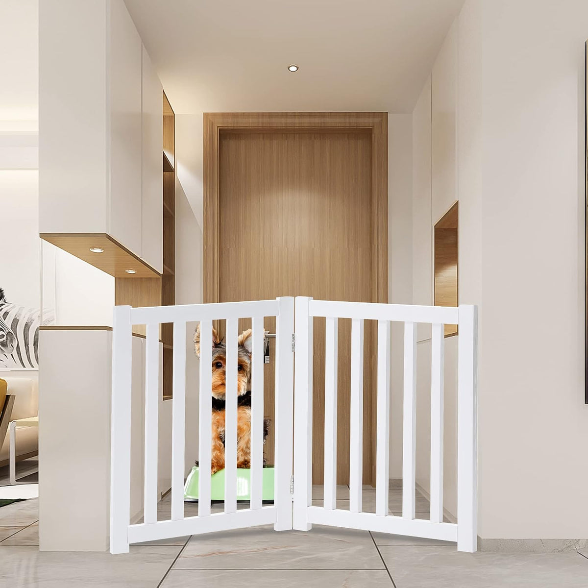 LZRS Wooden Free Standing Dog Gate 40" W x 24" H, Foldable Solid Hardwood Pet Safety Fence for House Doorways, Stairs, H