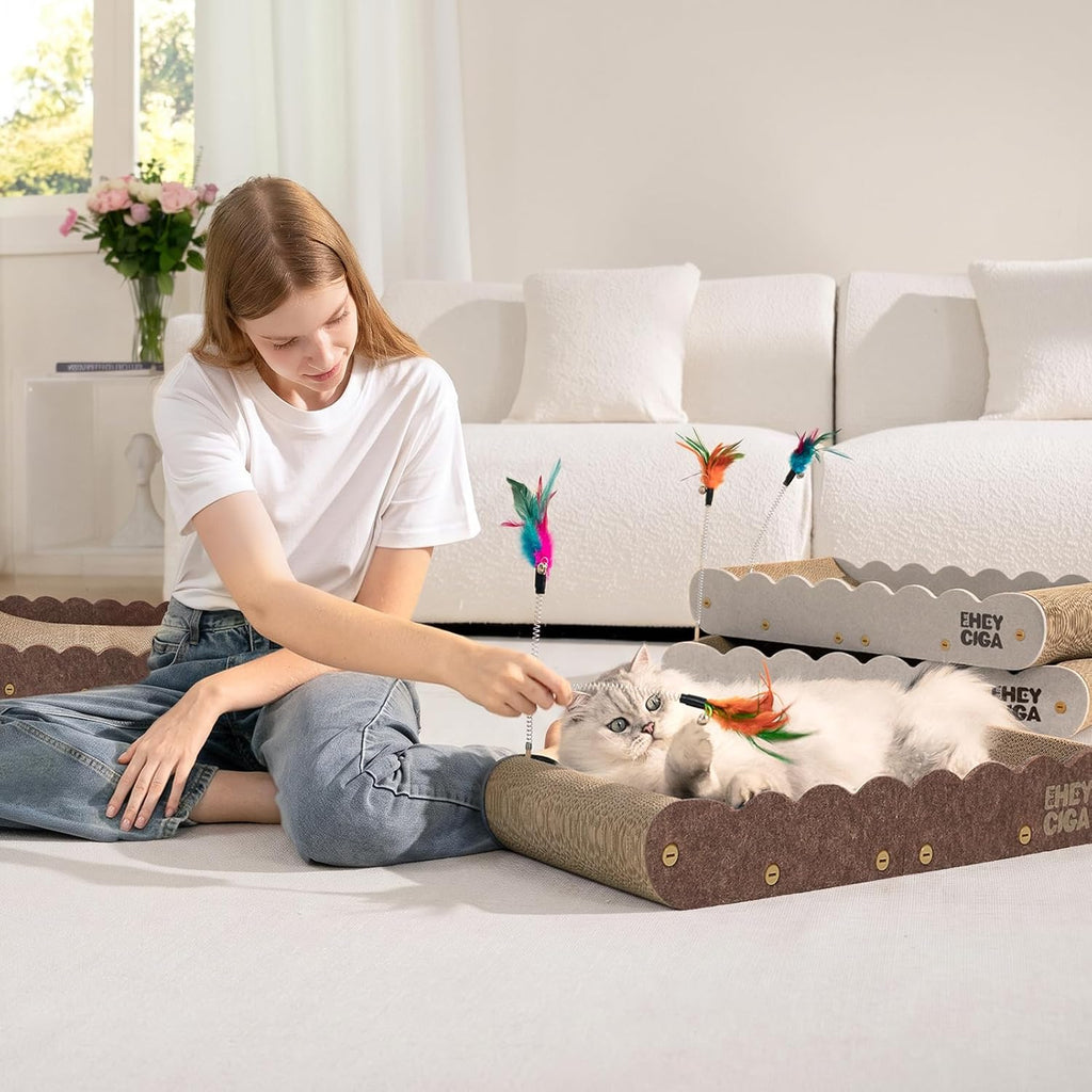 EHEYCIGA 26" Large Cardboard Cat Scratcher Bed with 2 Cat Toys, Brown