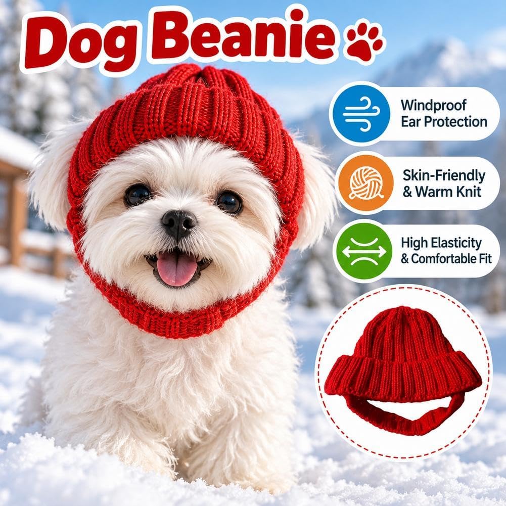 Dog Beanie Hat with Ear Holes, Winter Pet Cap for Small Dogs