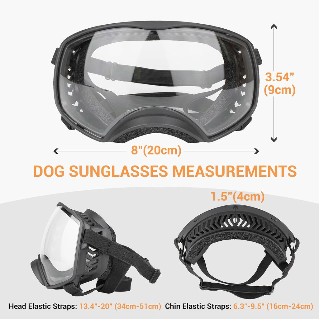 Dog Sunglasses UV Protection Clear Dog Goggles Windproof Glasses with Elastic Straps for Medium-Large Breed, Black Frame