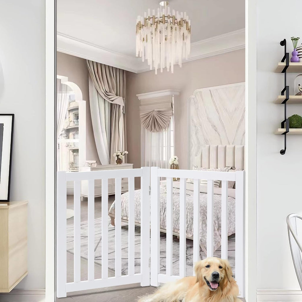 LZRS Wooden Free Standing Dog Gate 40" W x 24" H, Foldable Solid Hardwood Pet Safety Fence for House Doorways, Stairs, H