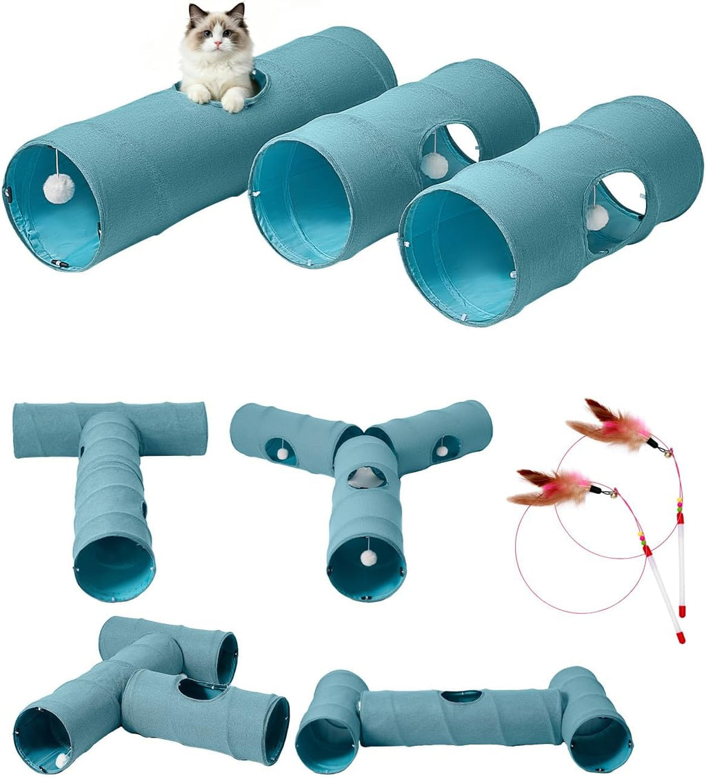 Cat Tunnel, 3 Straight Shaped Tunnels 6 DIY Shapes with Wand Toys, No Noise Scratch Resistant Cool Linen Fabric, Interac