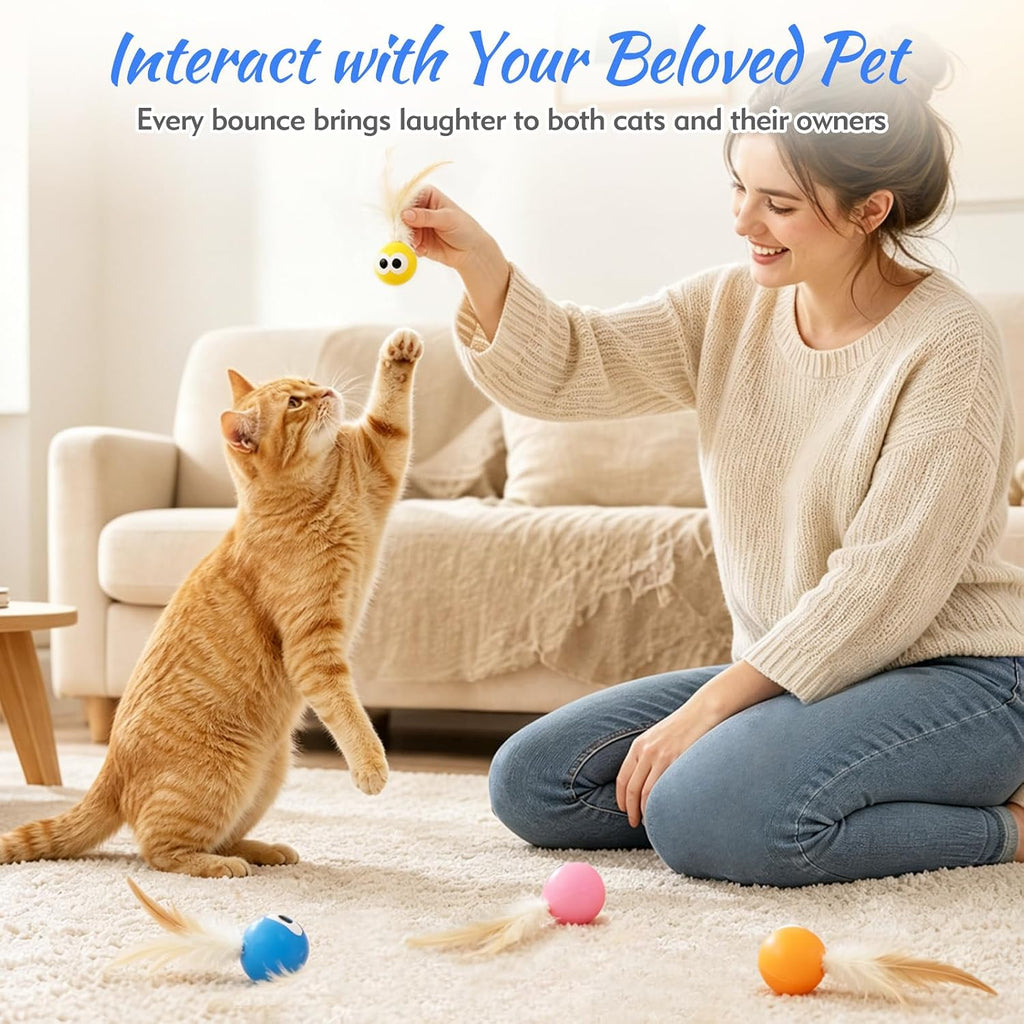 4 Pack Bouncing Ball Cat Toys, Elastic Rubber Balls with Feather Tails