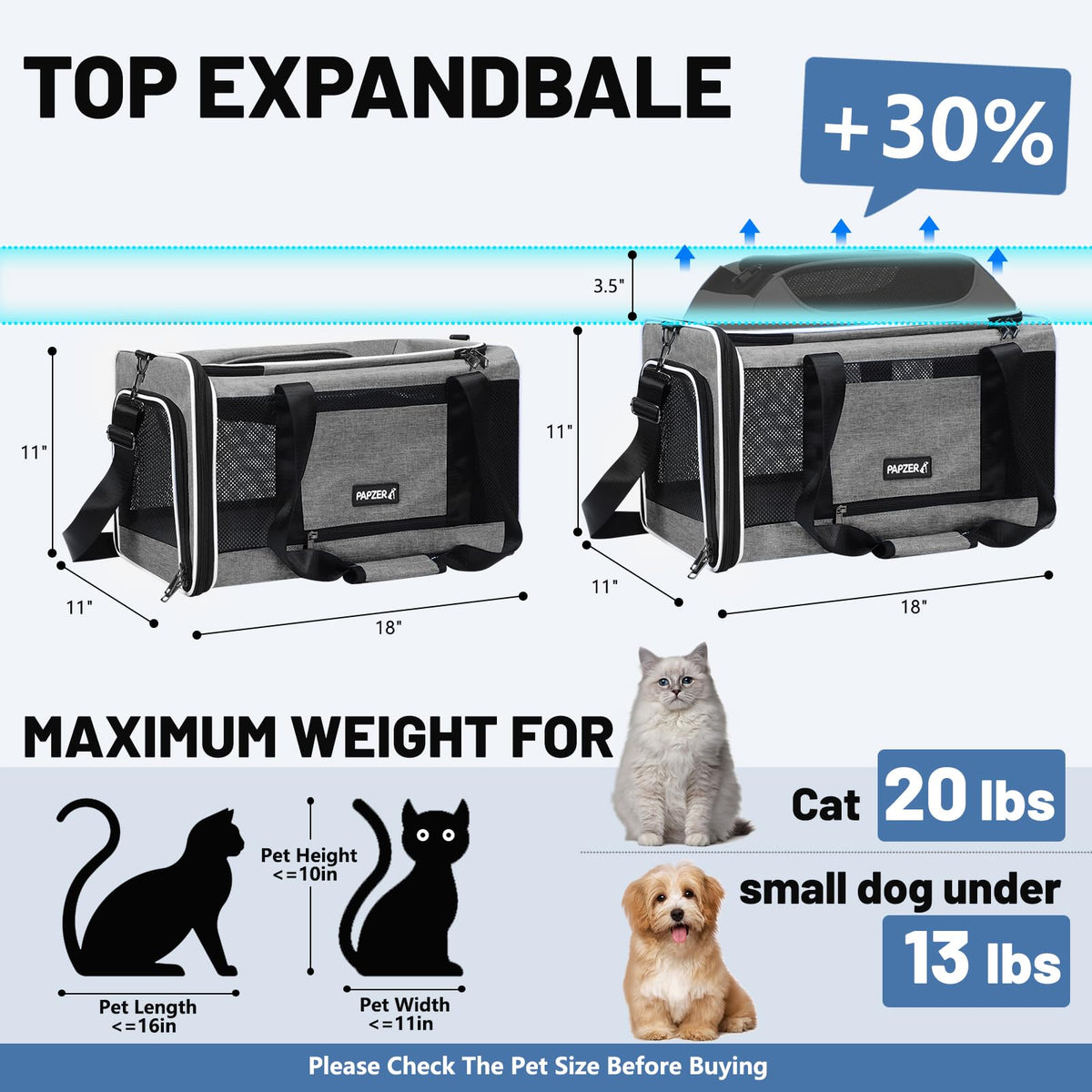 Cat Carrier Top-Expandable 18x11x11, United Delta American Airline Approved