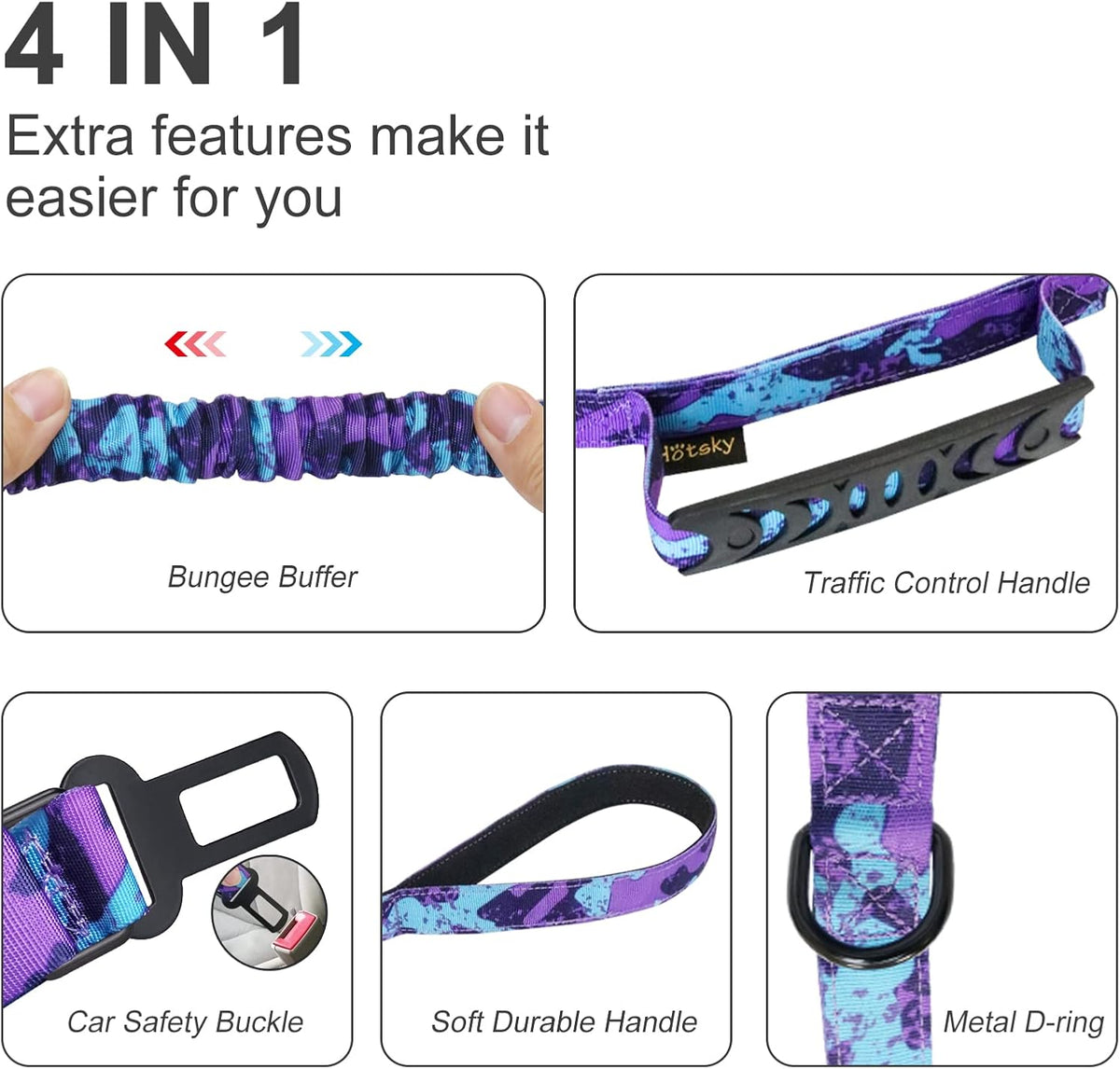 Tactical Bungee Shock Absorbing No Pull Dog Leash,Purple Camo,4-6FT