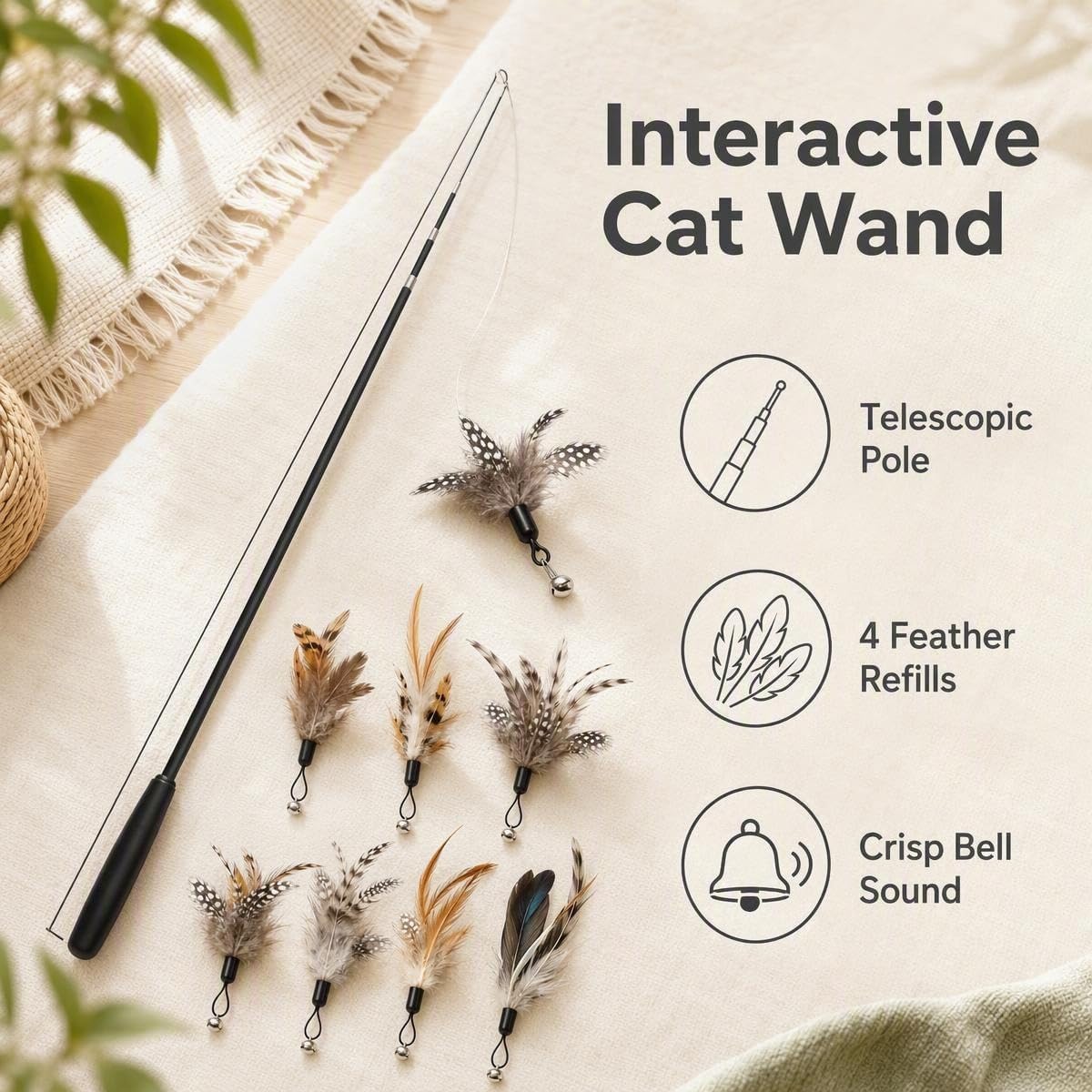 Interactive Cat Feather Wand Toy with 4 Feather Refills
