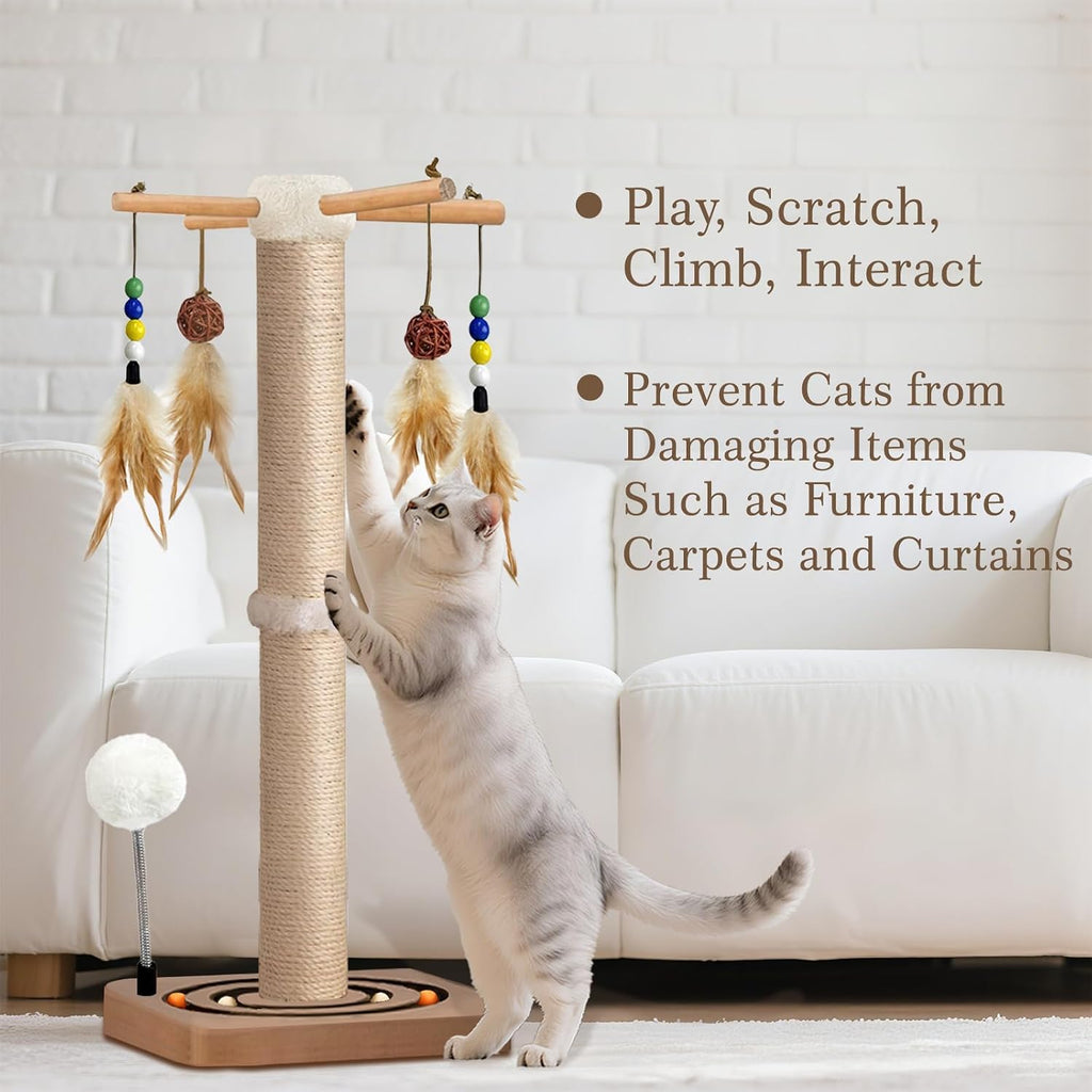 Cat Scratching Post, Sisal Scratcher with Enrichment Toys for Indoor Cats