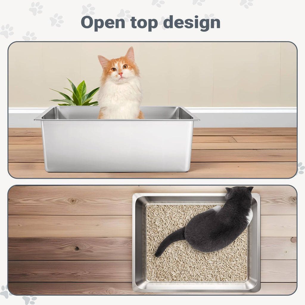Kirecoo Large High Sided Stainless Steel Cat Litter Box, Non-Stick