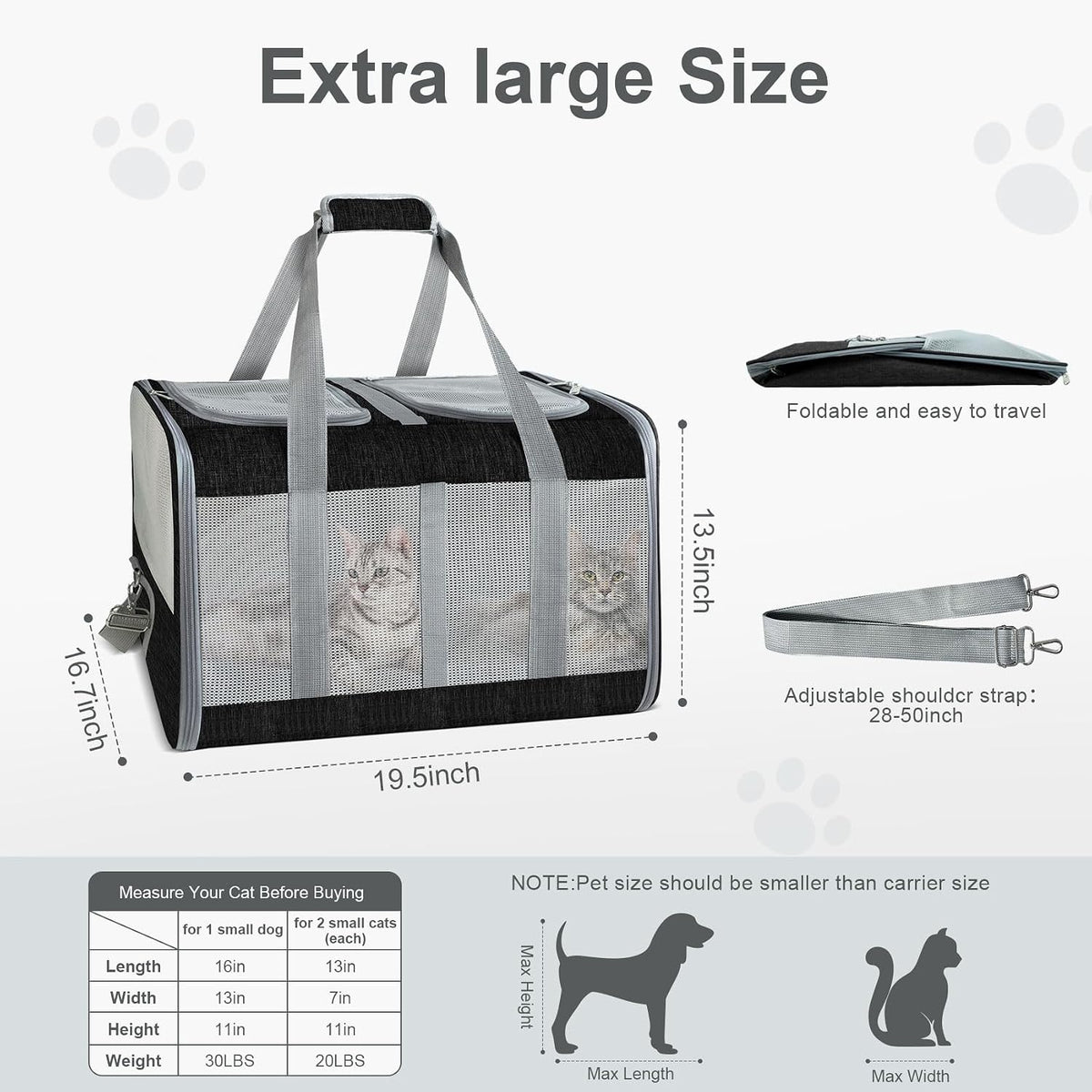 Soft-Sided Cat Carrier for 2 Cats, Gray, Breathable Mesh Design, Airline Approved Travel Bag for Small to Large Cats, Ex