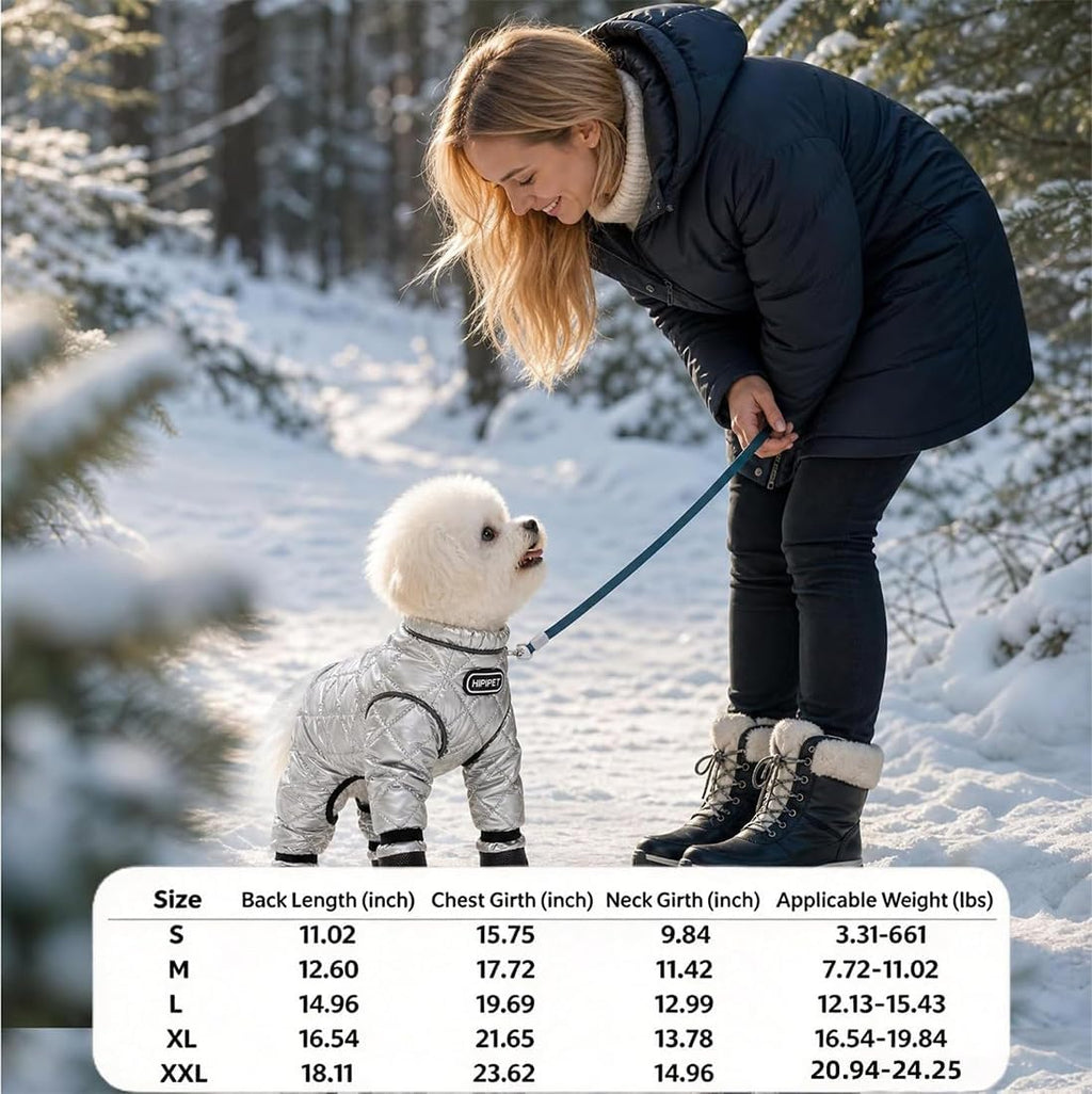 Dog Winter Suit with Boots, Full Coverage Dog Snowsuit，Silver：Large