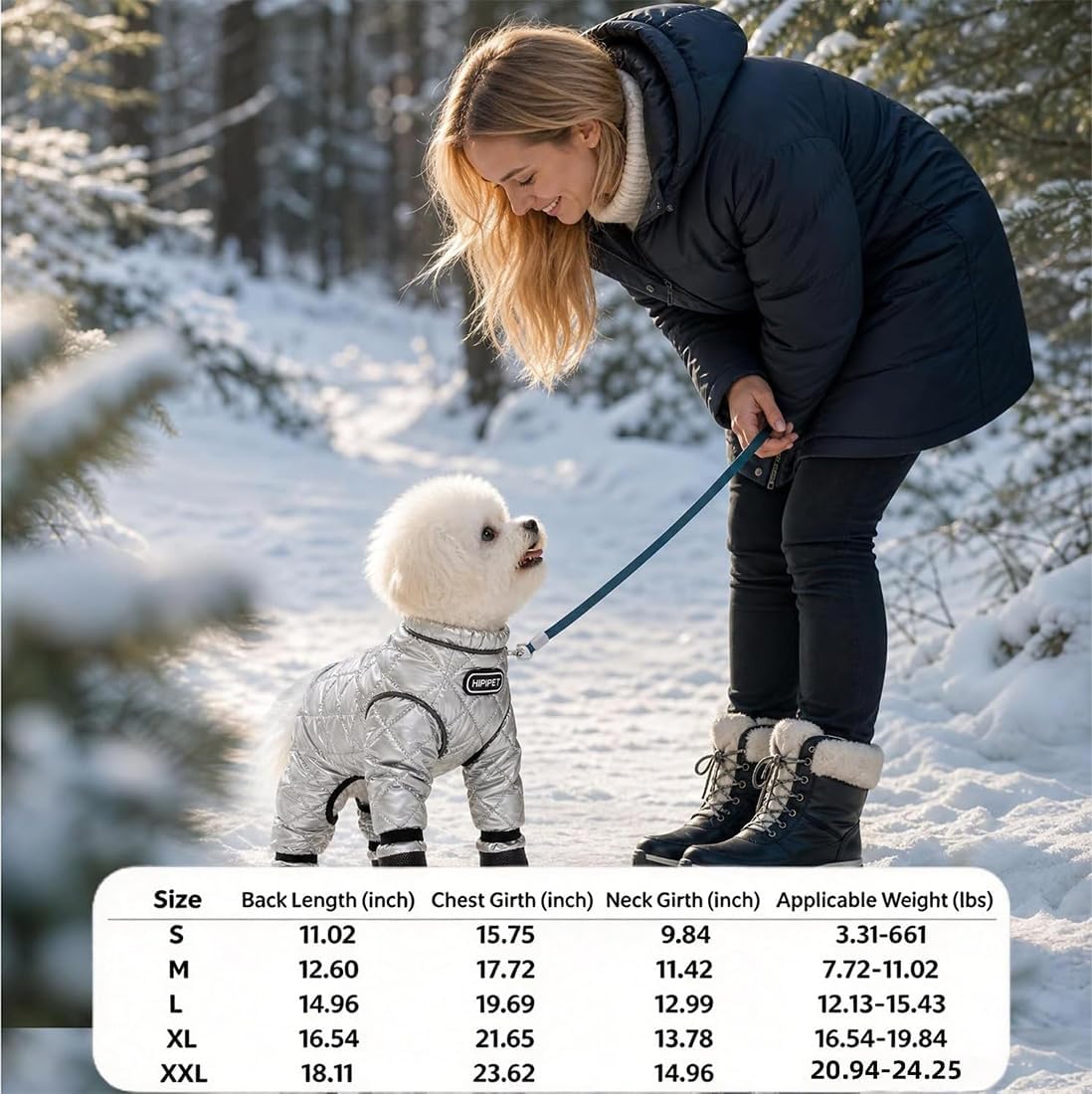 Dog Winter Suit with Boots, Full Coverage Dog Snowsuit，Silver：Large