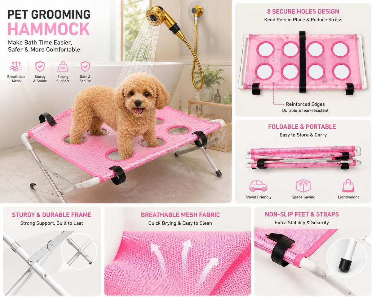Pet Shower Holder with Stand, 8-Hole Dog Grooming Hammock for Bathing, Nail Trimming & Paw Care, Pet Grooming Harness fo