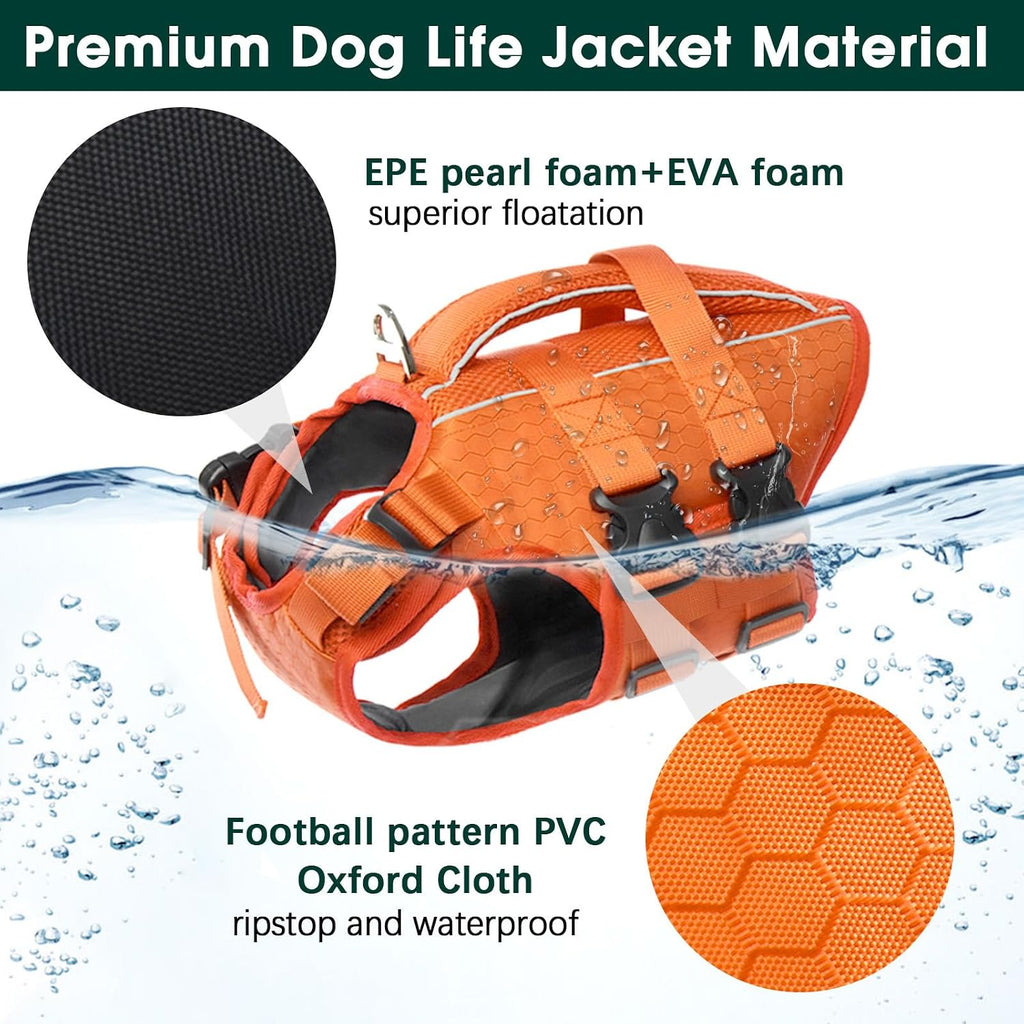 Kuoser Dog Life Jacket, High Flotation Reflective Dog Life Vest, Orange, L
