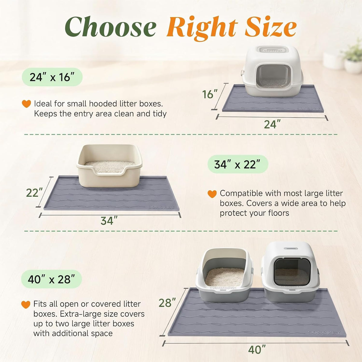 Songrey Silicone Cat Litter Mat 34" x 22", Large Litter Trapping Mat, Gray
