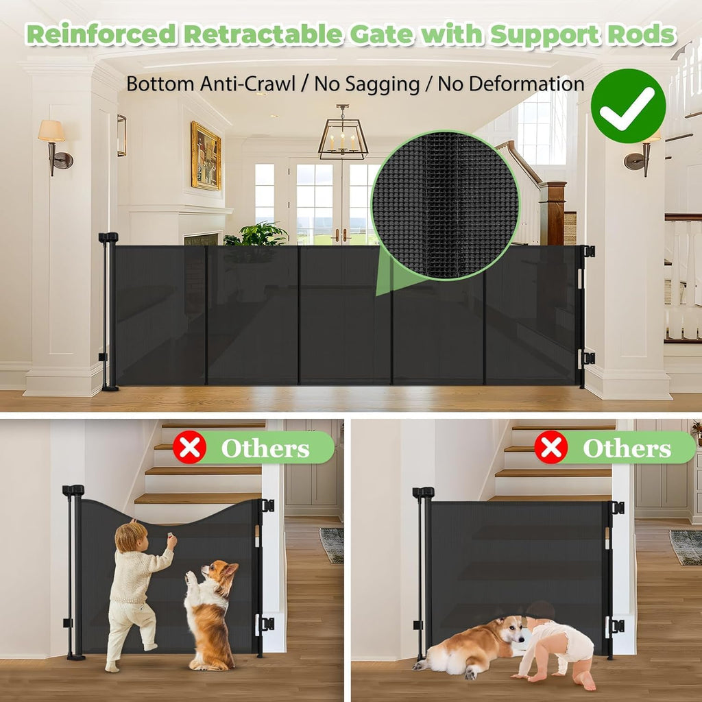 96" Wide Reinforced Retractable Baby Gates, Prevent Crawling Under, Black