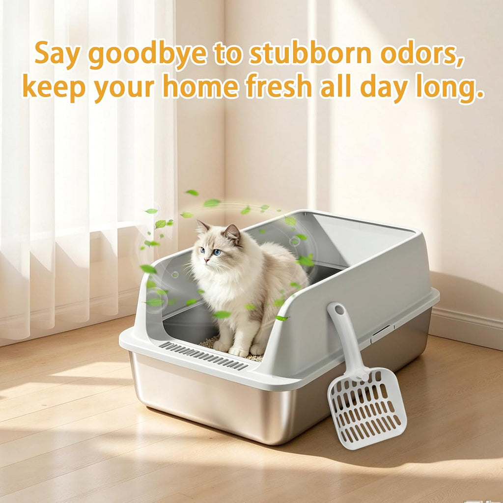 Stainless Steel Cat Litter Box - High Side Pan with Anti-Tracking Step,Rolled Edge & Leak-Proof Base,Cover,Scoop,Anti-Sl