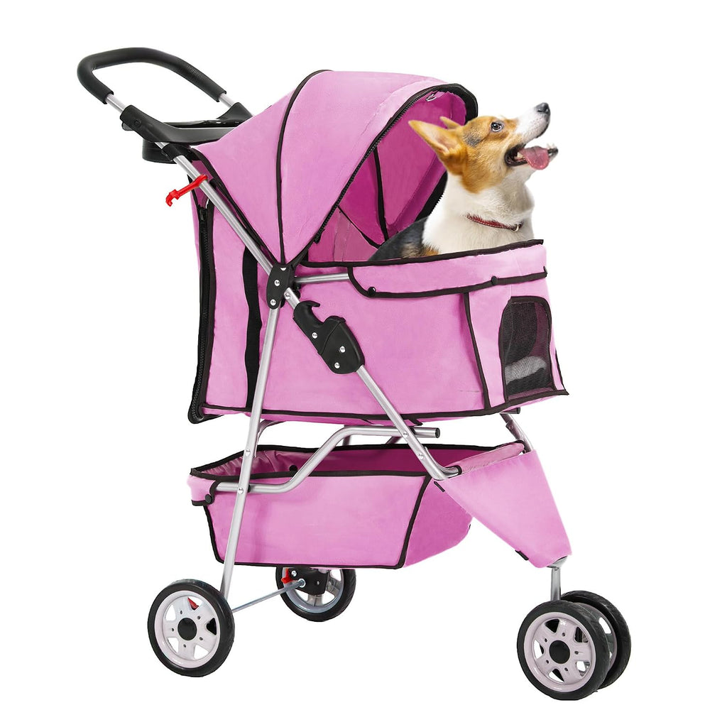 FDW Pet Stroller 3-Wheel Durable Foldable Cat Dog Stroller with Washable Liner Storage Basket Cup Holder,Dark Black