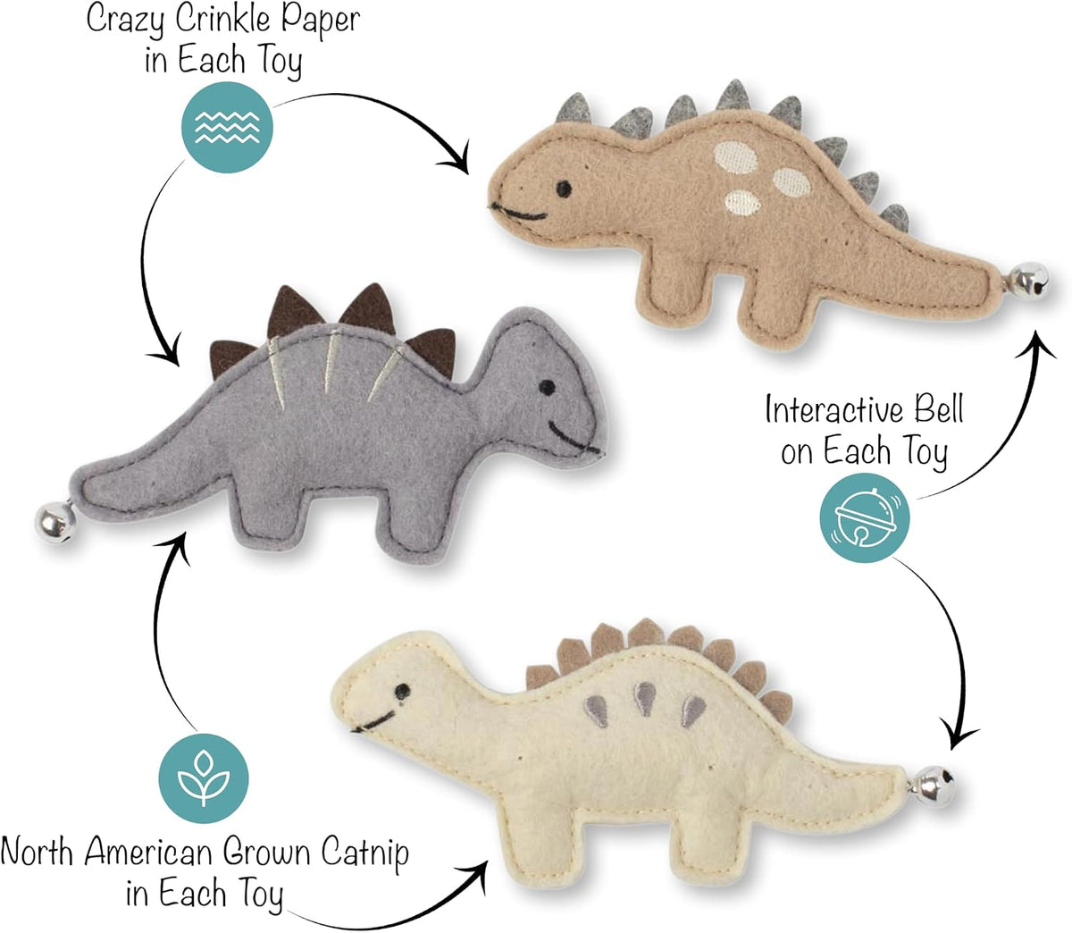 Fringe Studio Mini Cat Toy Set We're Adora-Saurable, 3 Piece Dinosaur Toy Set for Cats, PetShop Collection (904071)