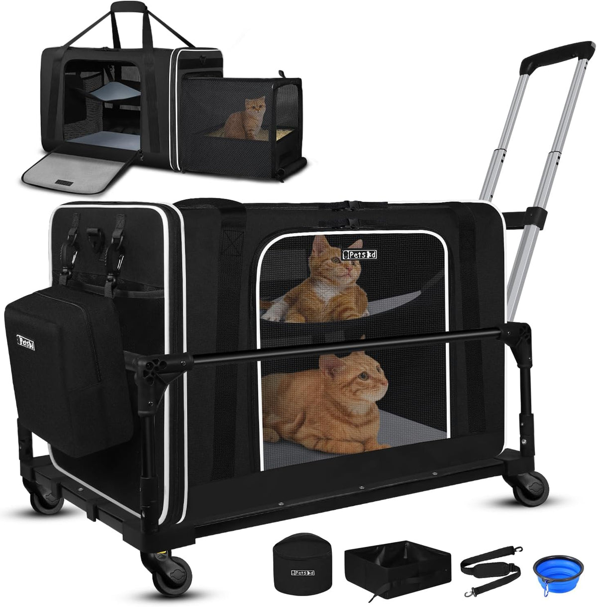 Side Expandable Extra Large Soft Cat Carrier with Litter Box, Black