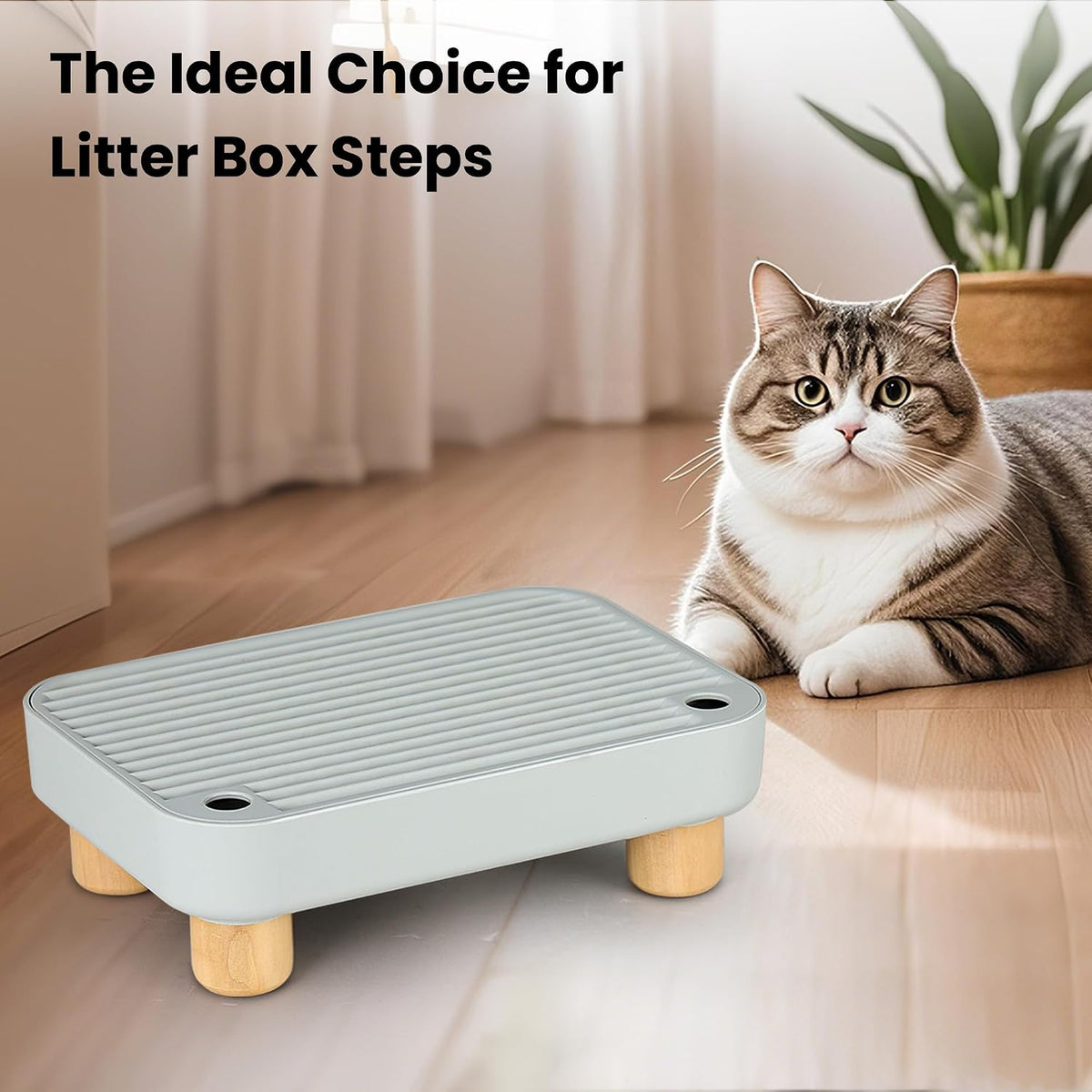 Litter Box Step, Litter Box Ramp/Catcher with Wooden Base, Anti-Tracking & Easy to Clean, Ideal for Small & Elderly Cats