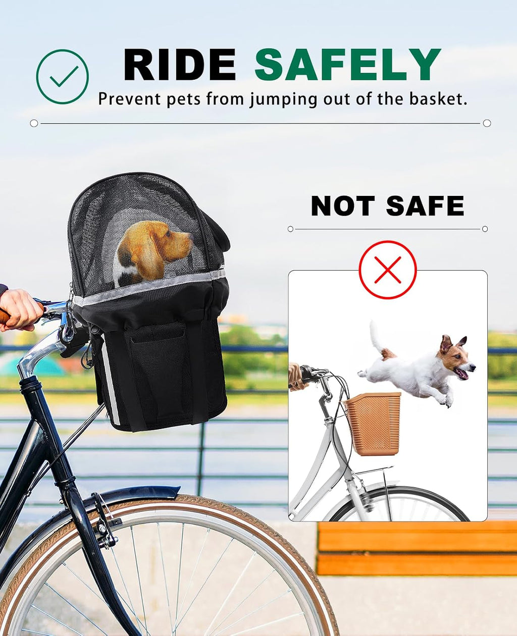 Dog Bike Basket Cover, Drawstring Mesh Pet Safety Cover, Breathable