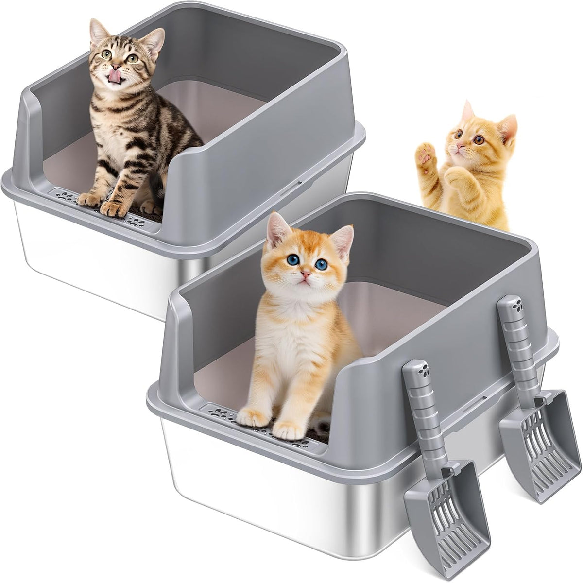 2PACK Stainless Steel Cat Litter Box with High Sides Lid, Extra Large XL Litter Box for Big Cats, Metal Kitty Litter Box