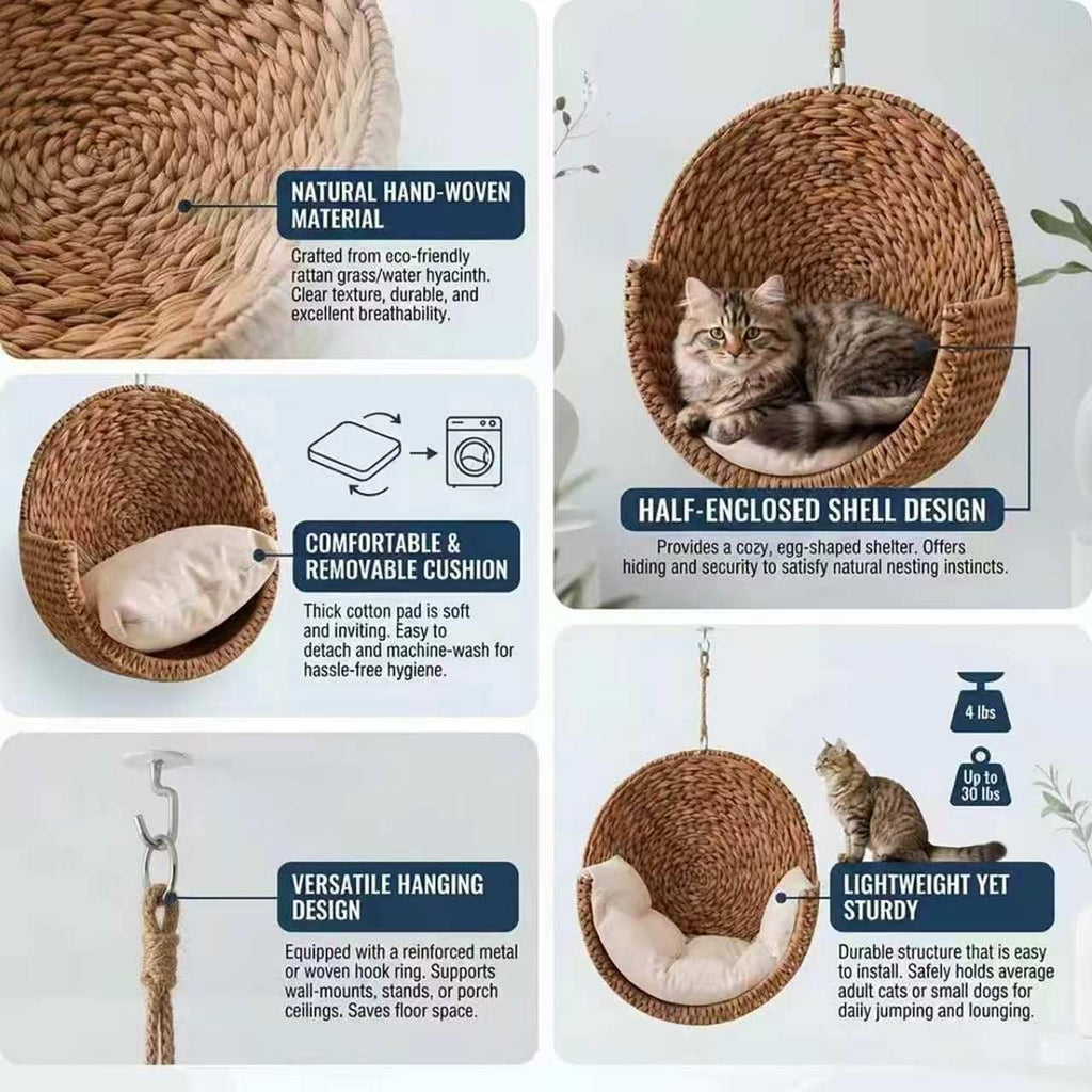 Hanging Cat Bed - Woven Rattan Wall-Mounted Pet Hammock with Soft Cushion