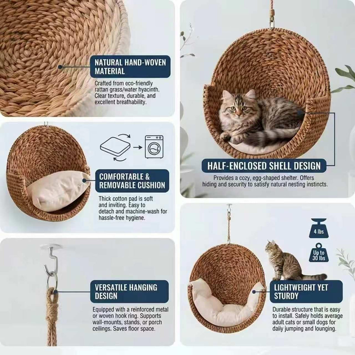 Hanging Cat Bed - Woven Rattan Wall-Mounted Pet Hammock with Soft Cushion
