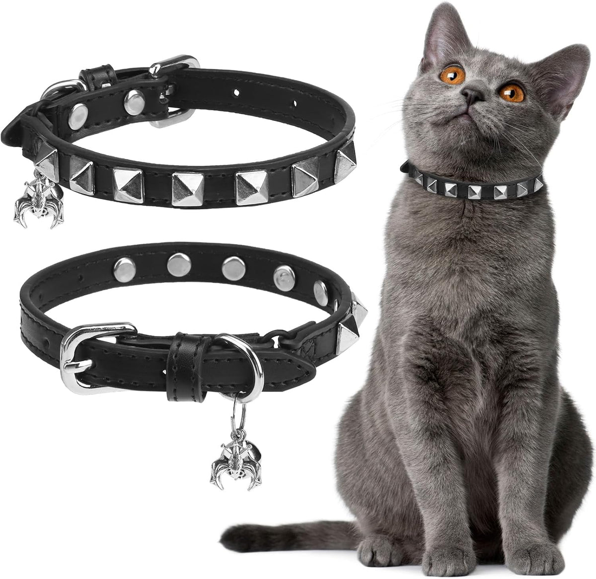 Leather Cat Collar for Girl Boy Cats,Black(Skull)