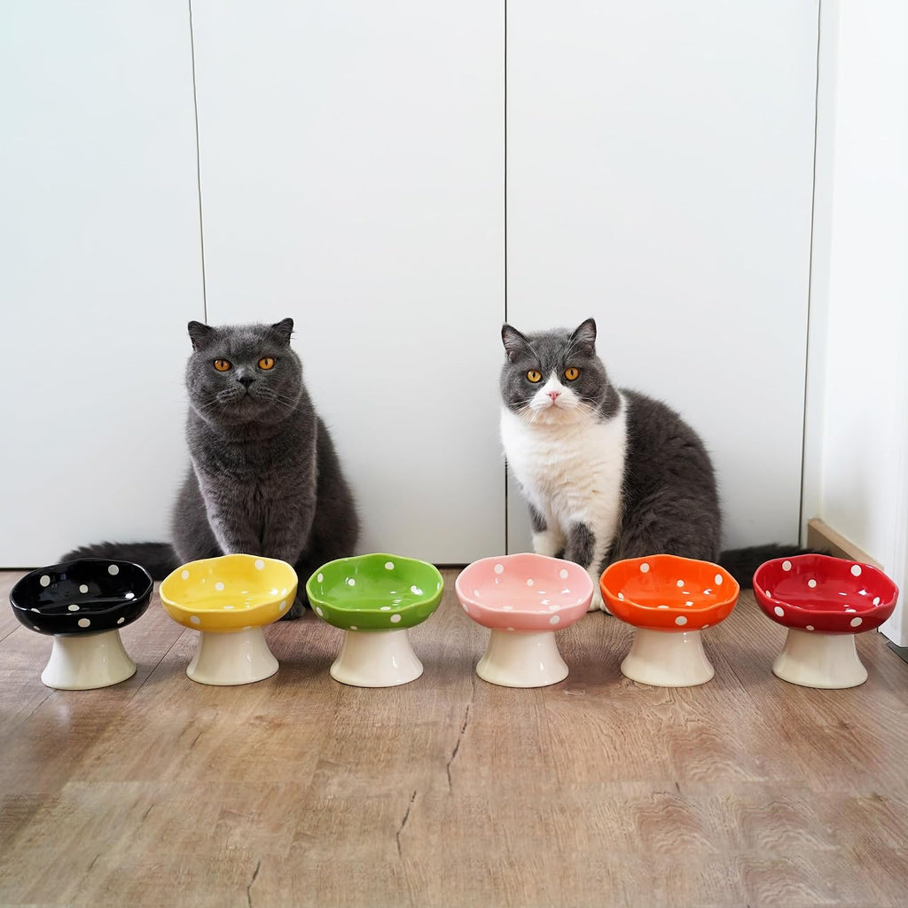 Red Mushroom Cat Bowl, Elevated Ceramic Bowl for Cats