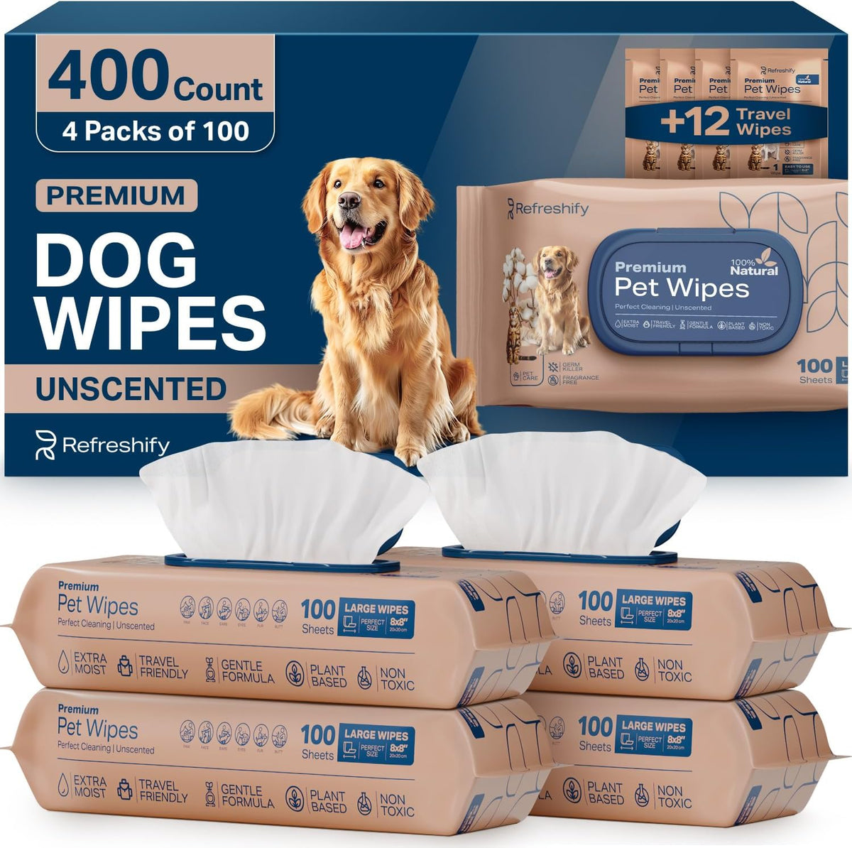 Dog Wipes for Paws and Butt (400 Ct) Plant Based Pet Wipes for Dogs & Cats