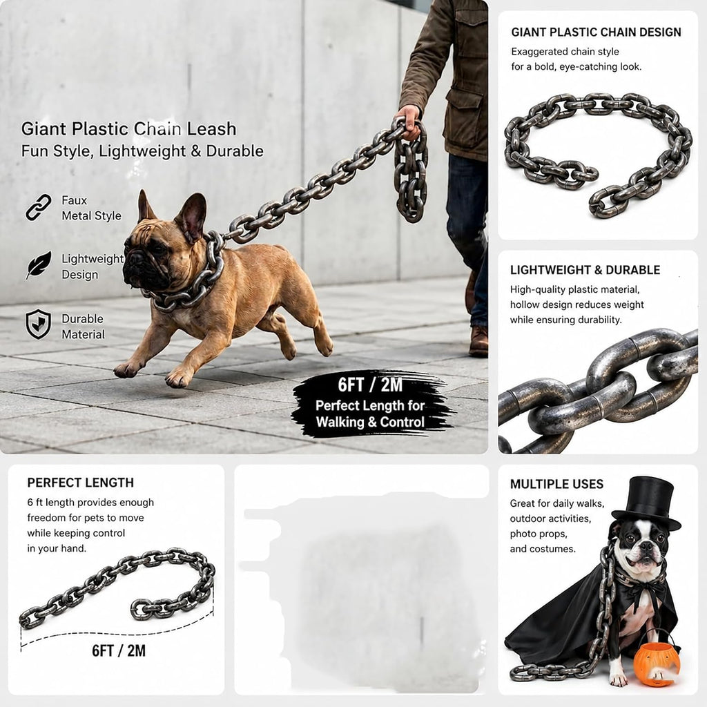 Fake Chain Dog Leash, Giant Plastic Chain Leash, Oversized Funny Lightweight Pet Lead for Small Dogs and Cats, Faux Meta