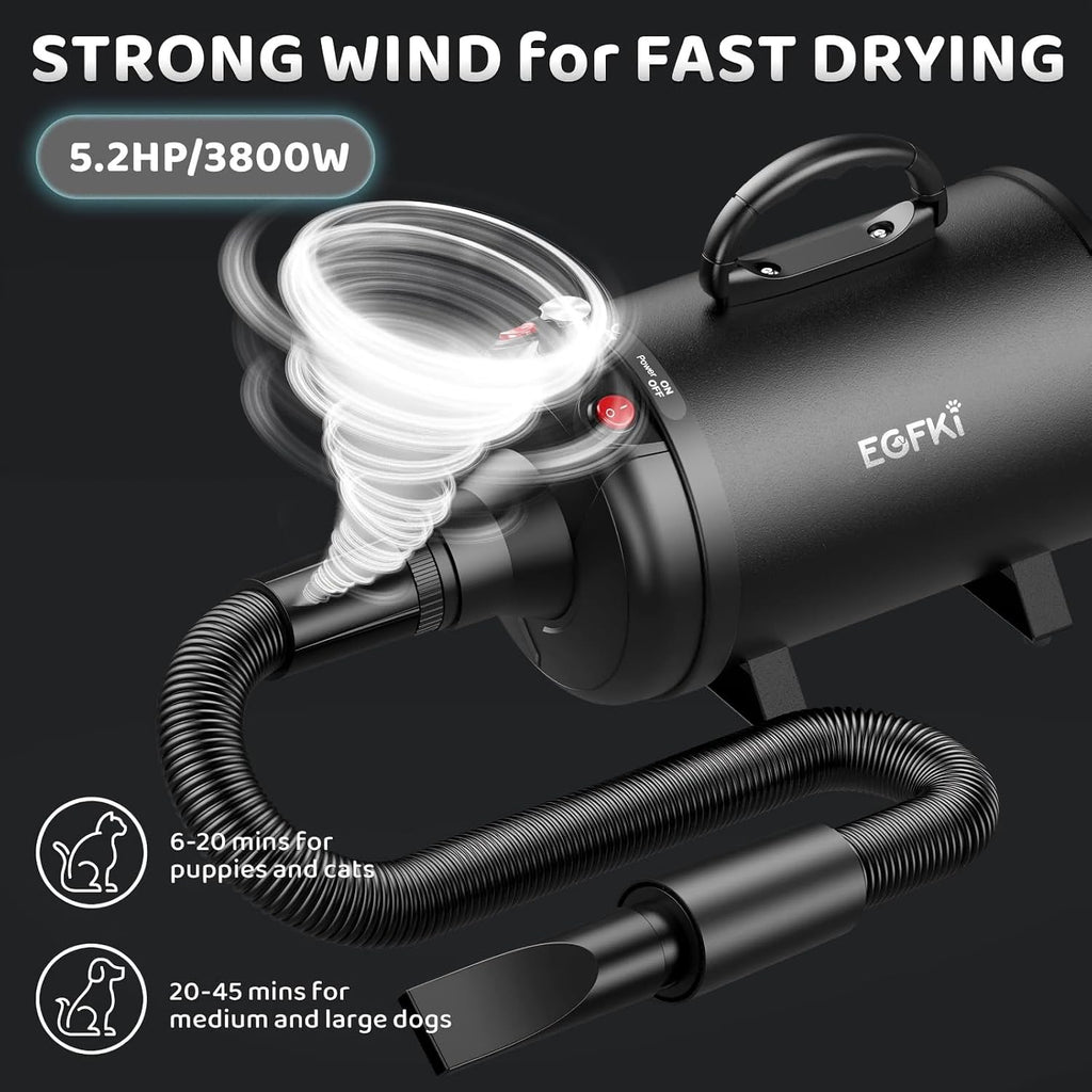 Dog-Hair-Dryer, 5.2HP/ 3800W High Velocity Pet Blow Dryer with Heater for Grooming, Speed Temperature Adjustable Dog Blo