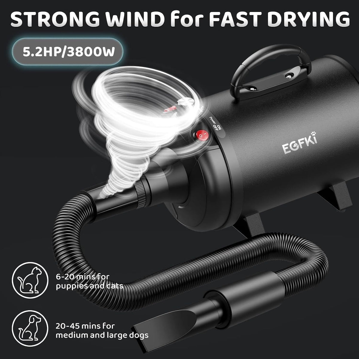 Dog-Hair-Dryer, 5.2HP/ 3800W High Velocity Pet Blow Dryer with Heater for Grooming, Speed Temperature Adjustable Dog Blo