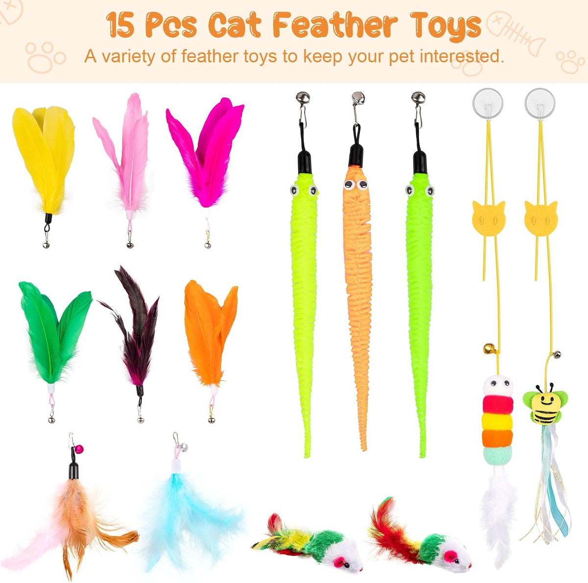 Cat Wand Toy, 15 Pcs Interactive Cat Feather Toys for Indoor Self Play & Exercise, 2 Play Modes Kitten Teaser Wand, Reus