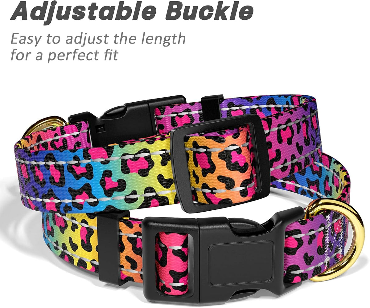 Reflective Adjustable Dog Collar for Medium Dogs, Leopard Neon, M