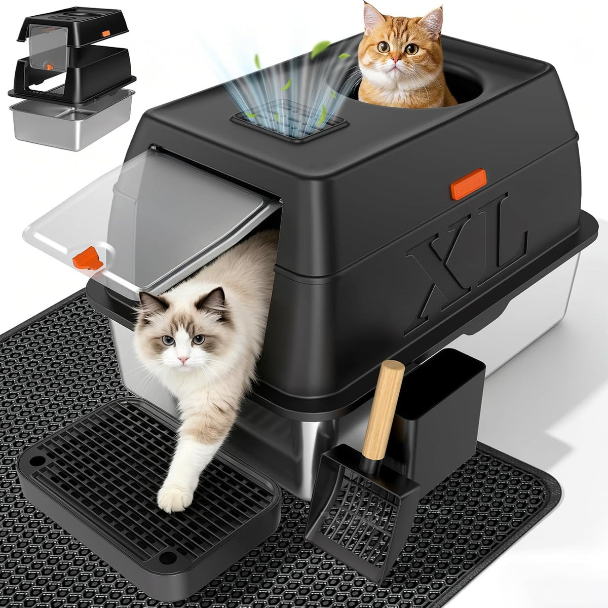 XL Enclosed Stainless Steel Litter Box with Lid & Mat,Black