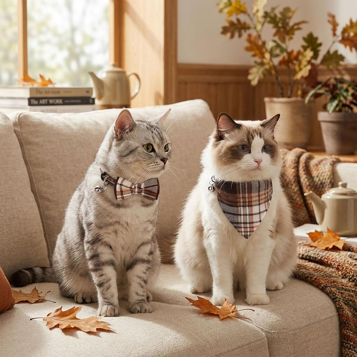 PTDECOR Fall Cat Collar with Bandana Bow, Thanksgiving Brown Plaid Collar