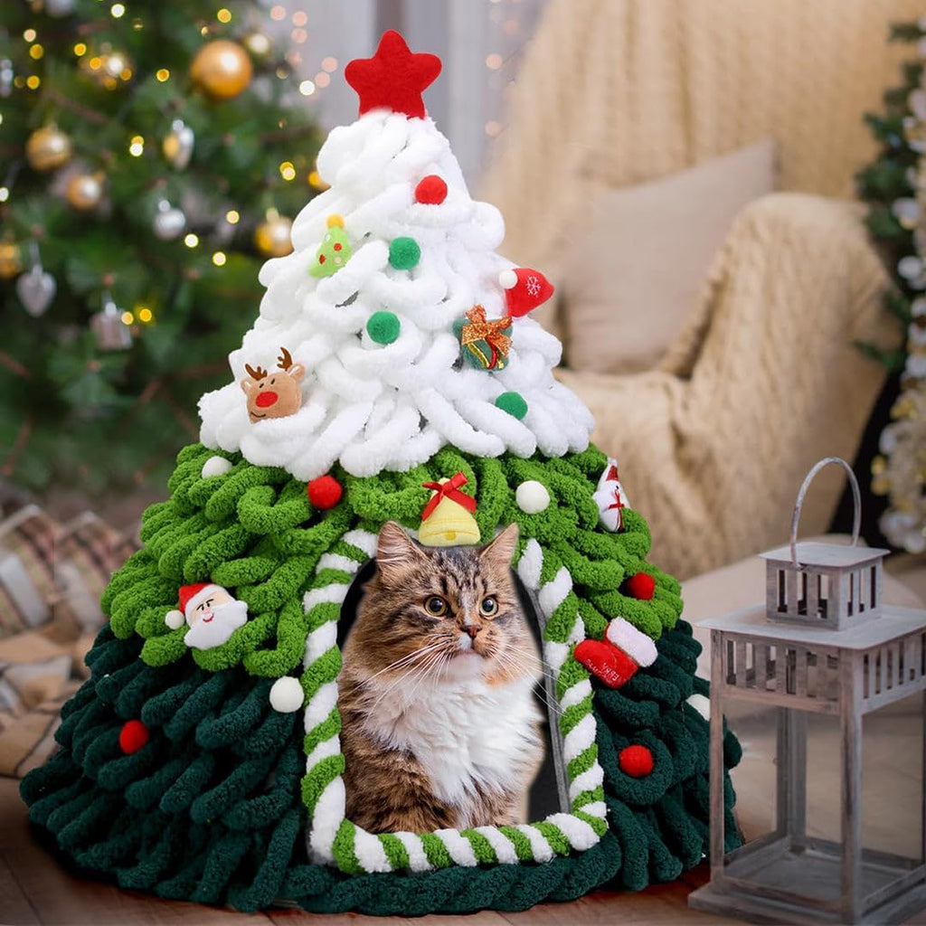Christmas Tree Cat Bed, Cozy Holiday Cat Cave for Indoor Cats, 3D Christmas Cat House with Semi-Enclosed Hideaway, Folda