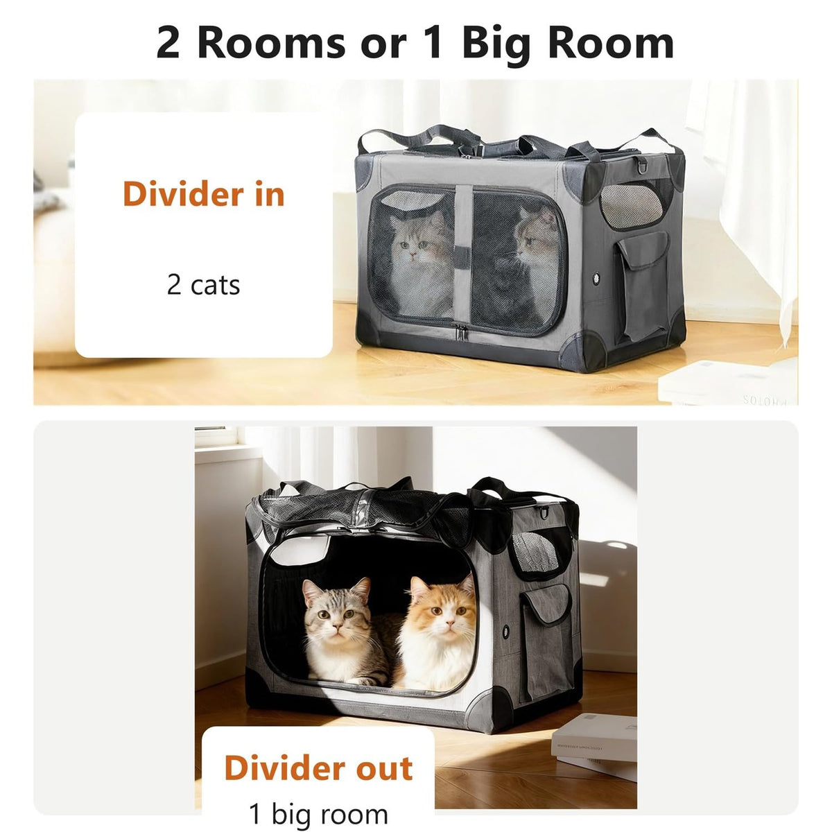 FuzzyNest Large Cat Carrier for 2 Cats, 24x17x17 in, Metal Frame, Gray